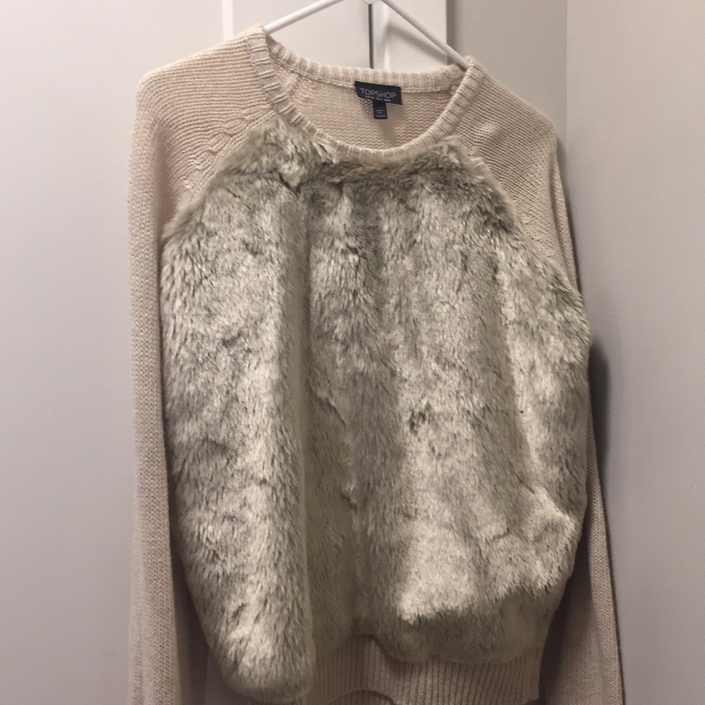 Topshop Cream Sweater w/ Faux Fur detail